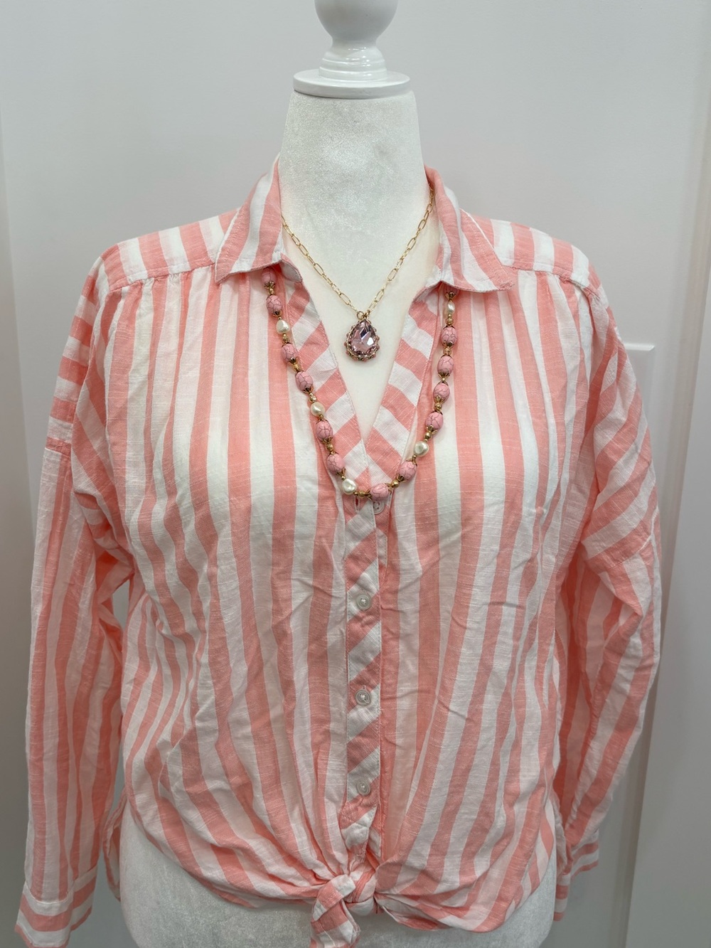 New York & Company Coral and White Striped Button Top